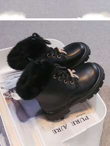 1 Pair Girls' Boots, Rhinestone Bow Fur Trim Thick Sole Warm Ankle Boots, Winter Style - Black - View 3
