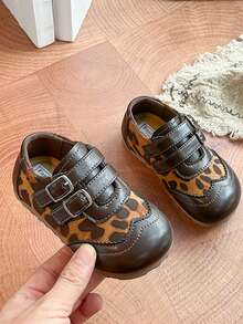 Children's Leopard Print PU Leather Shoes, Vintage British Style Double Buckle Soft Sole Casual Shoes - Camel - View 4