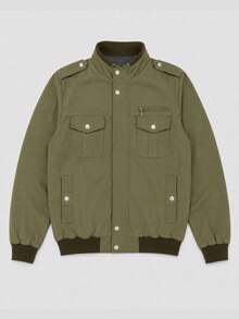 Men's Army Green Stand Collar Utility Jacket, Elastic Cuffs, Standard Fit, Long Sleeve - Army Green - View 3
