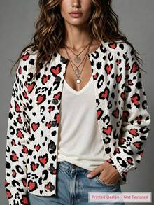 ASHKATIA Leopard Print Heart Pattern Women's Plus-Size Vintage Cardigan Sweater, Fall Winter Knit For Social Occasions - Multicolor - View 1