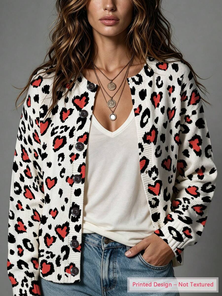 ASHKATIA Leopard Print Heart Pattern Women's Plus-Size Vintage Cardigan Sweater, Fall Winter Knit For Social Occasions - Multicolor - View 1