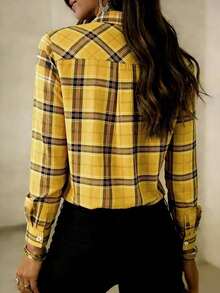 Women's Fashionable Yellow Plaid Polyester Long Sleeve Casual Shirt Spring - Yellow - View 5
