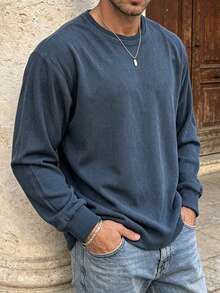 Men's Spring/Autumn Fashion Casual Minimalist Loose Fit Crew Neck Long Sleeve T-Shirt - Navy Blue - View 1
