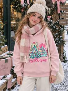 [Christmas]Tween Girl Pink Christmas Tree Leopard Print Bow Letter Print Sweatshirt, Fleece Lined Thick Long Sleeve Pullover Casual Top, Girls Autumn/Winter Christmas Outfit, Holiday Party Daily Wear - Pink - View 2