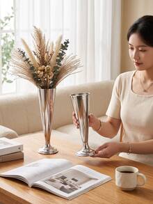 Silver Fluted Trumpet Vase,Tall Decorative Table Vase For Dried Flowers, Wedding Centerpiece Home Tabletop Decor,Vase For Bunny Tail Grass, Aesthetic Home Decor, Farmhouse Table Decor, Party Table Decoration, Housewarming Gift. - Fashionable Style - View 7