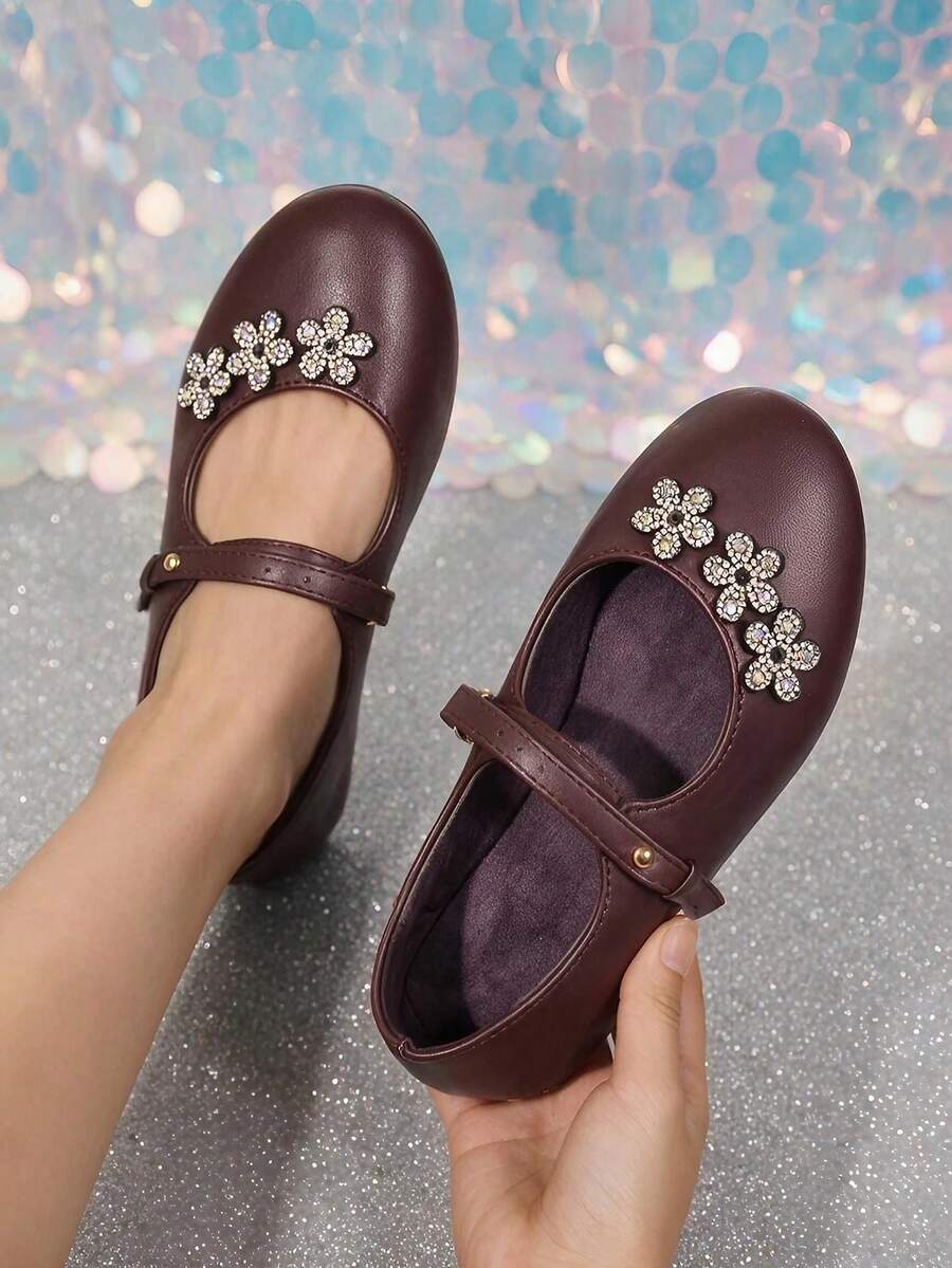 Elegant Rhinestone Flower Decor Buckle Low Vamp Women's Shoes, Exquisite Rhinestone Flower Accessory, Simple Round Toe, Versatile Retro Girly Style Women's Shoes - Dark Brown - View 1