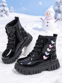 1 Pair Girls' Short Boots With Colorblock Heart Pattern Decor, Round Toe Soft Sole, Height-Increasing Inner Zipper Design, Fashion Sweet Cool Cute Princess Ankle Boots, Suitable For Daily, Holiday, School, Party, Autumn/Winter New Style - Black - View 3
