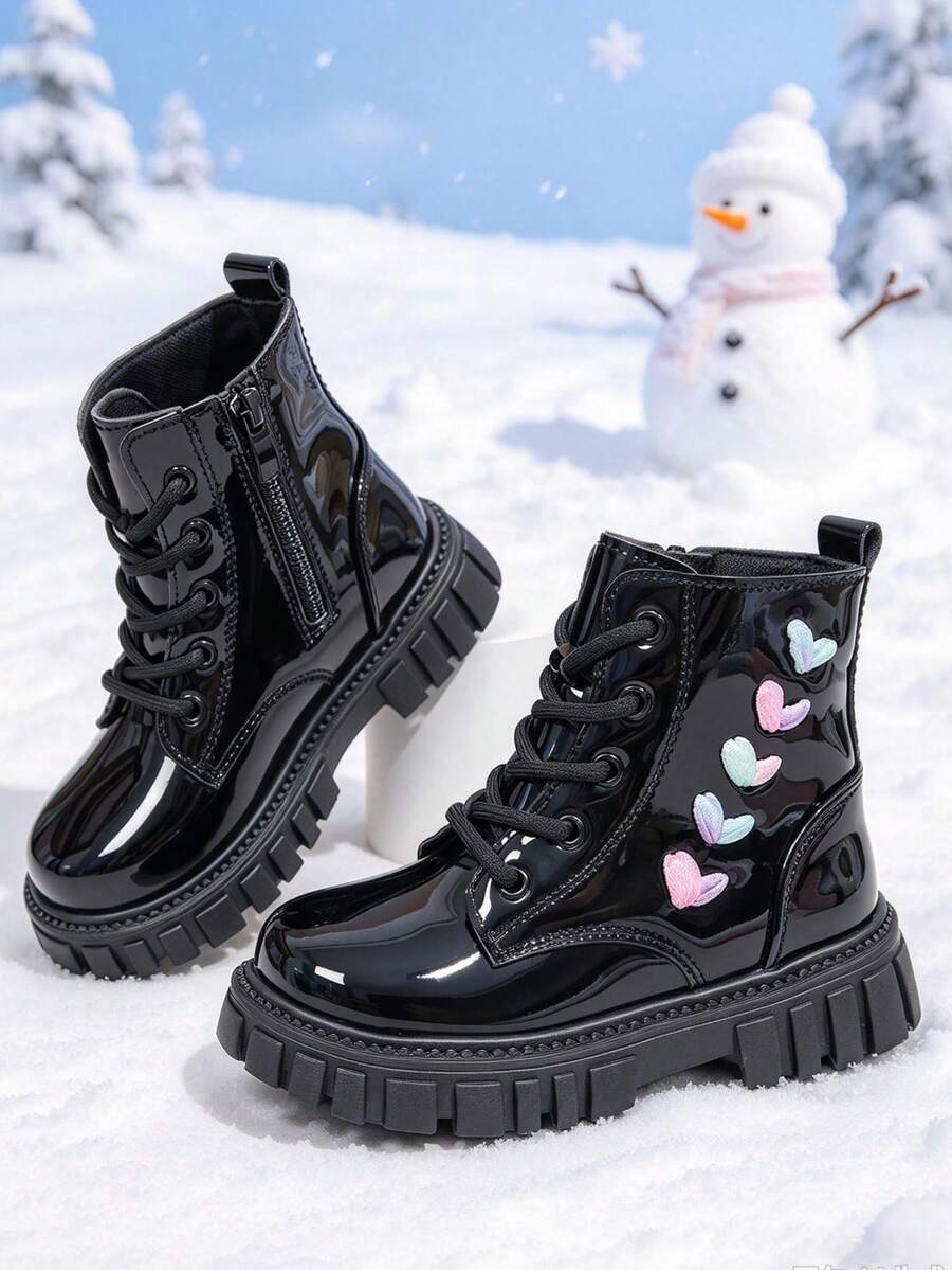 1 Pair Girls' Short Boots With Colorblock Heart Pattern Decor, Round Toe Soft Sole, Height-Increasing Inner Zipper Design, Fashion Sweet Cool Cute Princess Ankle Boots, Suitable For Daily, Holiday, School, Party, Autumn/Winter New Style