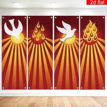 2D Flat Banner, 4 Pieces, Pentecost Holy Spirit Church Banner, Polyester, Red And Yellow Background, Dove And Symbolic Holy Spirit Flame And Radiance Design, Suitable For Church Sanctuary, Commemorating The Descent Of The Holy Spirit - A - View 2