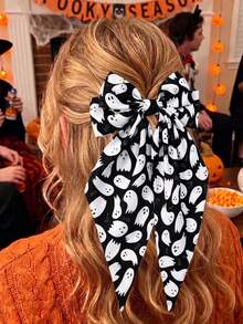1pc Women's Halloween Bow Hair Clip, Large Black & White Ghost Ribbon Hair Clip, Spooky Boo French Style Hair Accessory, Suitable For Halloween Party - Multicolor - View 5