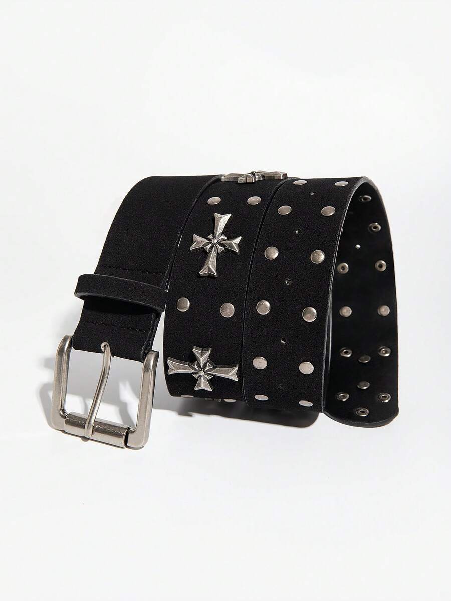 1pc Unisex Black Rivet Cross Belt, Punk Gothic Metal Cross Decor, Vintage Personalized Wide Leather Belt, Suitable For Halloween Party, Rock Concert, Music Festival, Cosplay, Street Fashion And Daily Jeans Skirt Matching, Fashionable Versatile Accessory