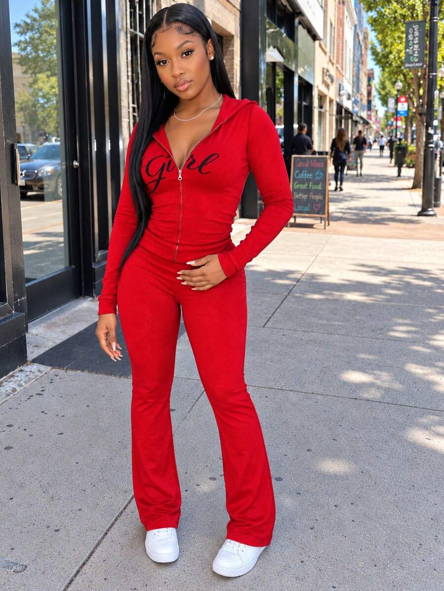 FQLWL Women's Casual Street Style Tracksuit, Printed Zip-Up Hoodie And Pants Set, Long Sleeve 2-Piece Outfit Spring Red Elegant - Red - View 1
