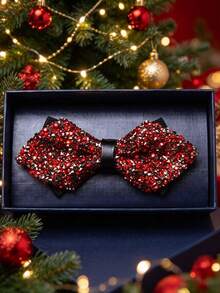 1pc Men's Red & Black Patchwork Rhinestone Bowknot, Sparkling Bowknot Collar Flower For Christmas, Wedding, Party, Suit - Red - View 4