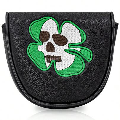 1PC Skull Clover Embroidery Golf Putter Head Cover, Black Shell, Magnetic Closure, Skull Inside Clover Pattern, Soft Inner Lining,Stylish Golf Accessory