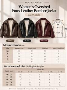 Women's Oversized Faux Leather Zip-Up Jacket Drop Shoulder Belted Bomber Coat Black - Brown - View 6