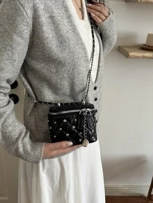 Women's Mini Square Crossbody Bag, Rhinestone Embellished Quilted Shoulder Bag, Chain Strap Zipper Handbag, Suitable For Party, Evening And Daily Wear Cute Small Makeup Bag - Black - View 2