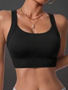 Women's Sports Bra, U-Neck Wide Straps, Back Cross-Strap Design, Medium Support High Elasticity Gym Yoga Cropped Sports Bra, Black - Black - View 6