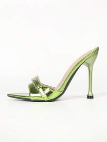 Women Pointed Front High Heel Mules, Metallic Green Finish, Rhinestone Buckle Strap, Slip On Design, Stiletto Heel, Night Out Party Shoes - Green - View 8