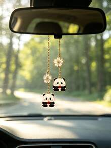 1pc Alloy Panda Pendant With Daisy Decoration, Car Rearview Mirror Hanging Decor, Car Interior Decoration Accessory - A - View 3