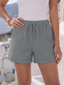 Jisfaneya Women's Solid-Color Drawstring Waist Shorts For Vacation And Leisure Casual Summer - Grey - View 1