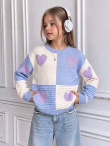 1 buah Sweater Rajut Motif Macaron Manis untuk Anak Perempuan, Model Retro Y2K Bergaya Hati Ungu, Atasan Lengan Panjang Kasual dan Serbaguna yang Lucu, Cocok untuk Remaja Perempuan, Sweater Rajut Lembut Ramah Kulit dengan Desain Blok Warna Papan Catur, Model Pakaian Anak Perempuan yang Populer - Biru - View 2