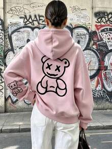 Autumn/Winter Casual Bear Pattern Drawstring Hooded Sweatshirt, Suitable For Running, Home Leisure, Gatherings, Parties And Other Occasions, Pink - Pink - View 2