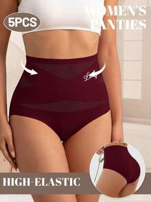 MIOTAN 5pcs Women's High Waist Panties, Cross Strap Design, Solid Color, Tummy Control, Elastic, Soft - Multicolor - View 3