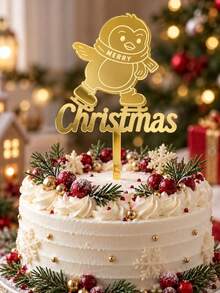 3件組金色鏡面壓克力聖誕蛋糕裝飾插牌,雷雕溜冰企鵝圖案與Merry Christmas字母,適用於聖誕派對、冬季慶祝與甜點桌節日蛋糕裝飾 - A - 查看 5