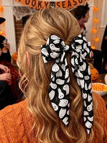1pc Women's Halloween Bow Hair Clip, Large Black & White Ghost Ribbon Hair Clip, Spooky Boo French Style Hair Accessory, Suitable For Halloween Party - Multicolor - View 1