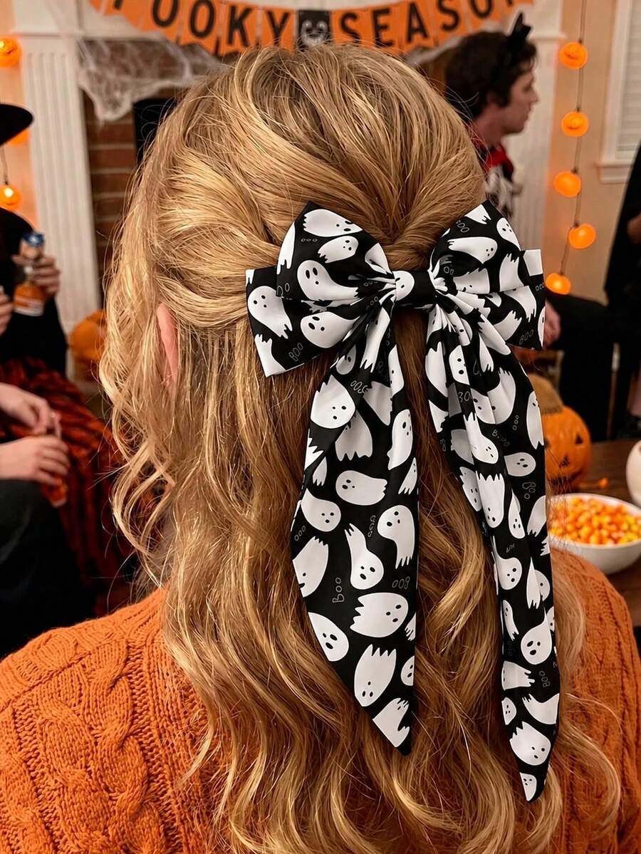 1pc Women's Halloween Bow Hair Clip, Large Black & White Ghost Ribbon Hair Clip, Spooky Boo French Style Hair Accessory, Suitable For Halloween Party - Multicolor - View 1