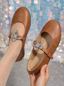 Elegant Rhinestone Butterfly Decor Buckle Shallow Women's Shoes, Exquisite Butterfly Rhinestone Embellishment, Minimalist Round Toe, Versatile Girly Style Women's Shoes - Light Brown - View 6