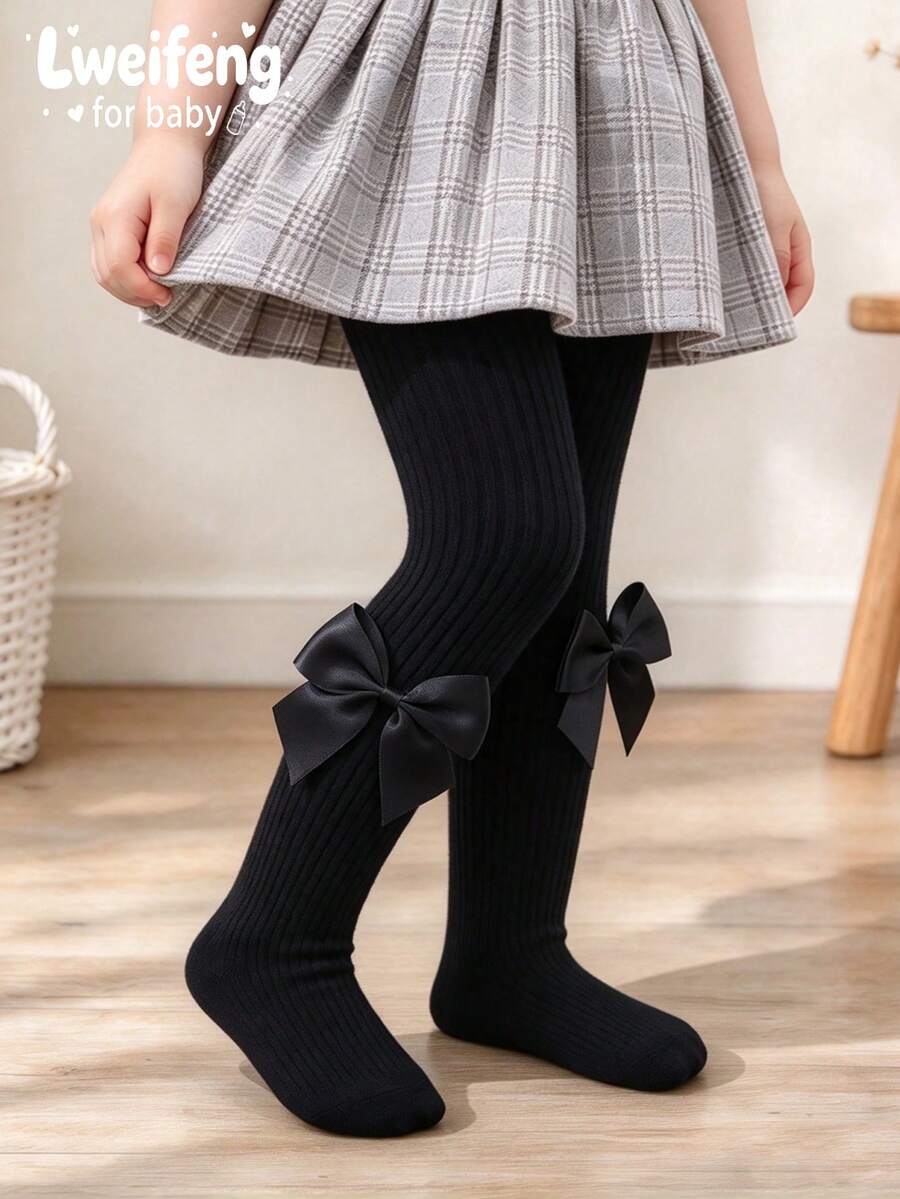1pc Baby Girl Sweet Large Bow Knitted Tights, Children's Ribbed High Elastic Base Tights, Suitable For Girls' Daily Versatile Wear - Black - View 1