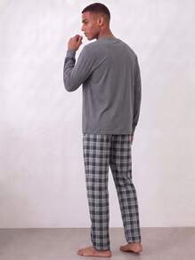 Snug League 2pcs Men's Plus Size Casual Loose Minimalist Pullover Sweatshirt With Pockets & Plaid Lounge Pants Pajama Set, Suitable For Spring - Light Grey - View 6