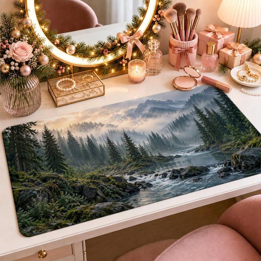 1pc Mountain Forest Landscape Large Desk Mat, Non Slip Extended Gaming Mouse Pad, Nature Scenery Desktop Decor - View 1