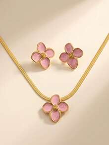 RAYQUEEN Stainless Steel Drip Oil Flower Necklace & Earrings Set, Luxury Niche High-End Non-Fading Jewelry Set, Suitable For Gifts - Pink - View 2