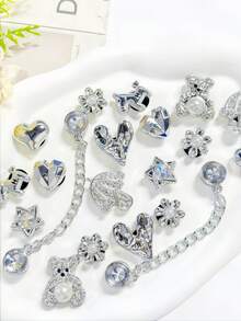 20pcs Silver Series Shoe Charms, ABS Rhinestone Material Bear Crown Flower And Other Fashionable Shoe Decorations, Can Be Freely Matched, Suitable For Sandals, Slippers, Beach Shoes, Garden Shoes, DIY Decoration, Exquisite Gift Choice - Silver - View 5