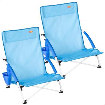 Aktive 2er-Set faltbare Strandstühle blau mit Seitentasche, Stahlrahmen, niedrige Sitzfläche, leicht und einfach zu transportieren, Kippschutz, inklusive Tragetasche, Strand-Sets