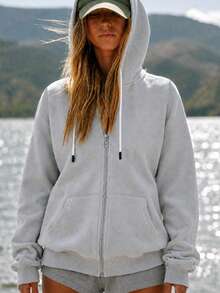 Women's Fashion Solid Color Drawstring Sports Jacket, Casual Minimalist Aesthetic Hooded Jacket, Y2K Minimalist Long Sleeve Sweatshirt, Suitable For Daily Wear, Outdoor Activities, Back To School Essential - Grey - View 6