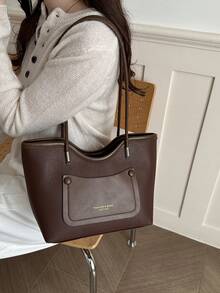 2026 Autumn/Winter Women's Retro Tote Handbag, Colorblock Patchwork Shoulder Bag, Commuter Underarm Bag - Coffee Brown - View 4