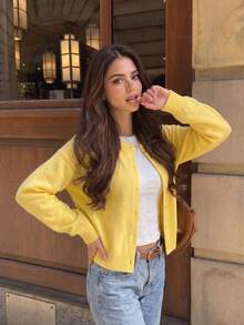 Women's Yellow Knit Cardigan, Suitable For Autumn/Winter Outfits, Casual Back To School, Daily Wear And Dates, Versatile Sweater - Yellow - View 5