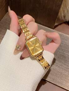 1件女款金色長方形石英手錶－經典金色錶盤配阿拉伯數字；優雅風格，適合日常穿著與辦公服飾 - 金色 - 查看 3