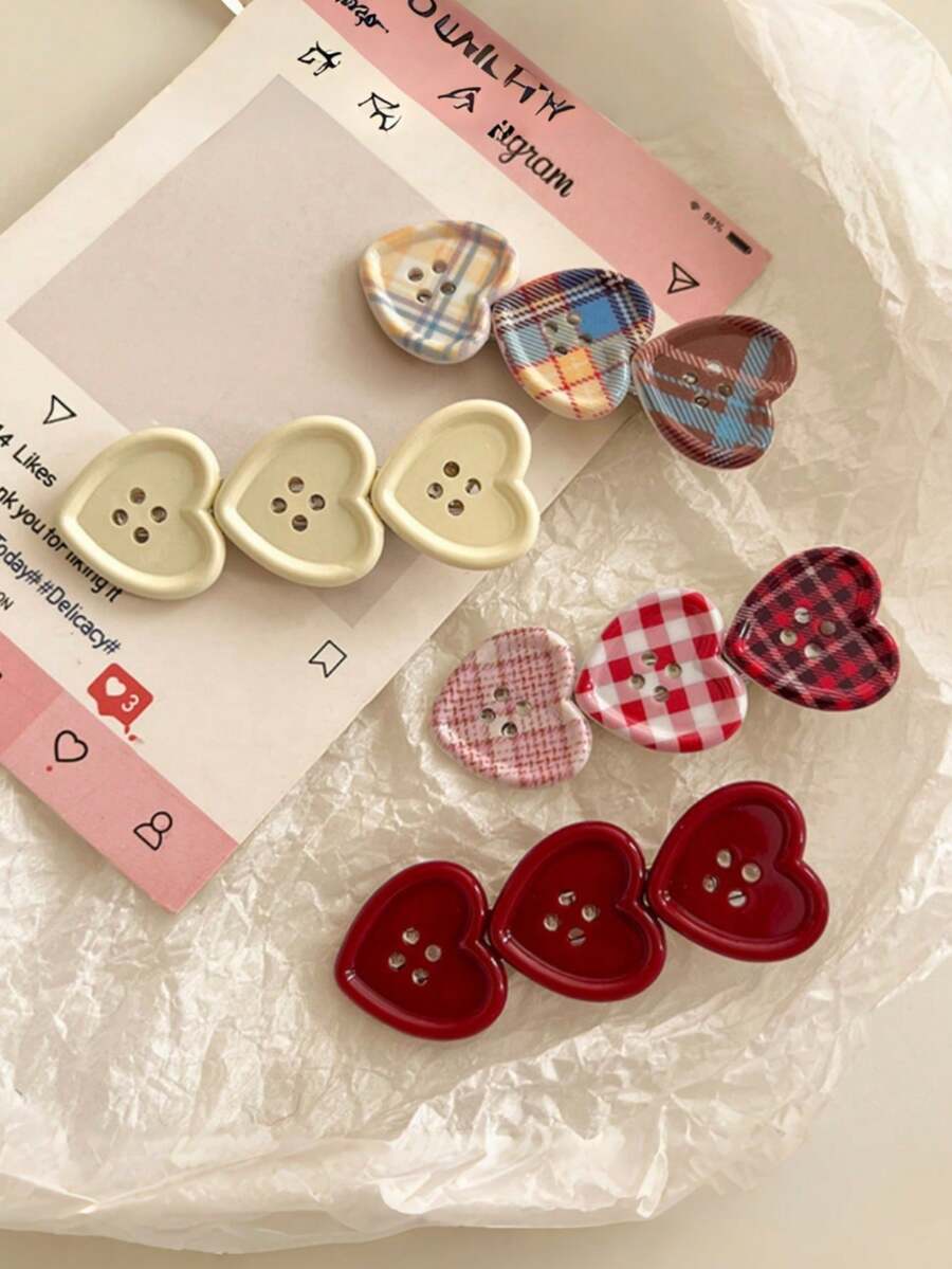 2pcs/4pcs Sweet Plaid Heart Decor Hair Clips, Cute Alligator Hair Clips For Side Bangs, Girls Hair Accessories - Multicolor - View 1