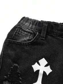 Boys Printed Casual Elastic Waist All Season Denim Jeans - Black - View 3