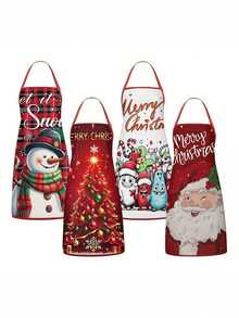 1pc/2pcs/4pcs Christmas Linen Feel Bib Apron, Santa Claus, Snowman, Xmas Tree & Cute Cartoon Monster Print, Merry Christmas Letter, Red Halter Neck Strap, Kitchen Cooking Baking Apron, Xmas Holiday Decor & Gift - Multicolor - View 9