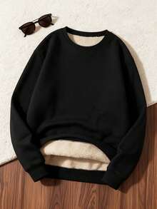Men's Autumn/Winter Fashion Casual Crew Neck Solid Color Thermal Lined Pullover Long Sleeve Sweatshirt - Black - View 9