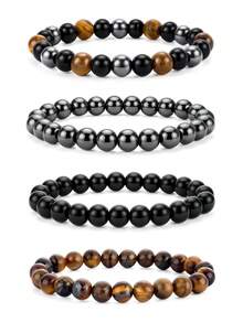 2/4pcs Men Beaded Stackable Bracelet Set, Tiger Eye & Obsidian Hematite Stone, Minimal Retro Casual Style, Bead Wristband, All Season Daily Accessory - Multicolor - View 11