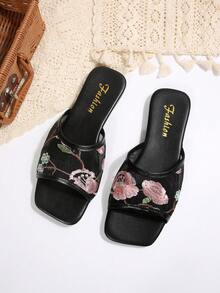 Women's Black Mesh Floral Embroidered Square Toe Flat Slip-On Sandals, Non-Slip Everyday Wear - Black - View 3
