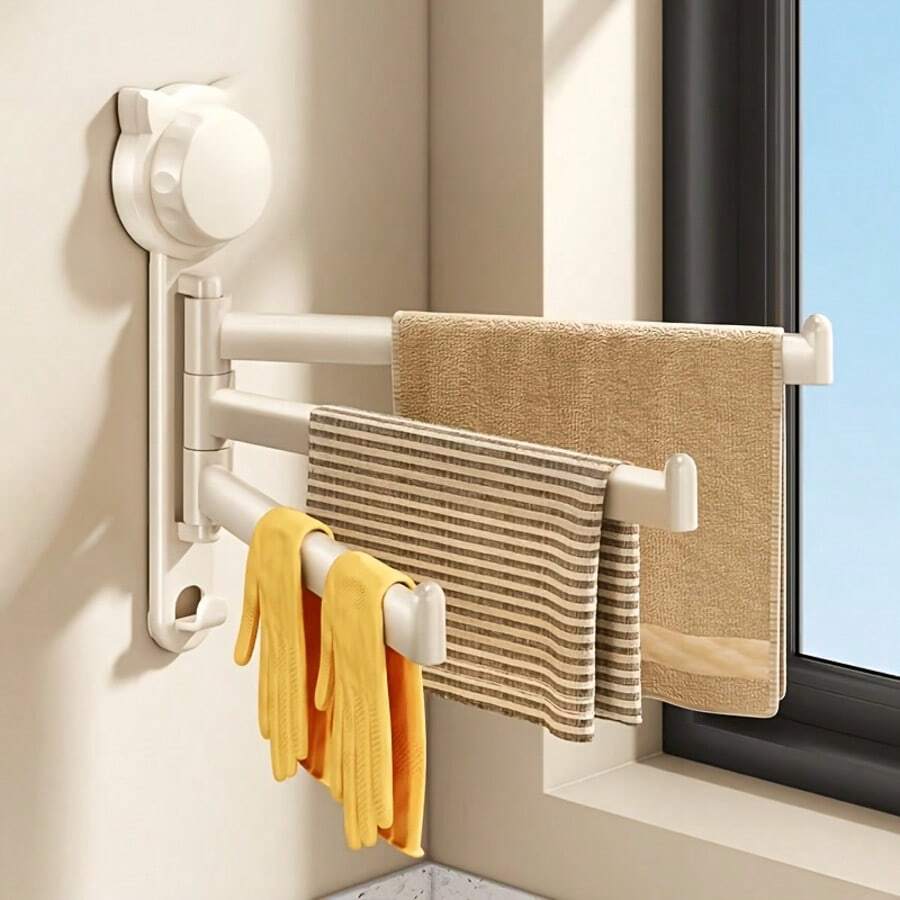 Rotating Towel Rack, No-Drill 3-Arm 180° Foldable Multi-Function Cloth Rack, Bathroom Kitchen Wall-Mounted Storage Rack, Moisture-Proof Space-Saving Design - White - View 1