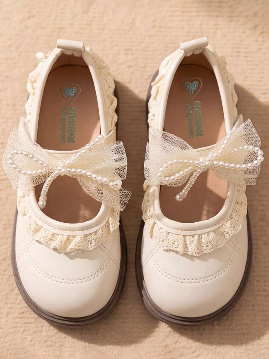 Girls Shoes Cream Mary Jane Dress Shoes, Lace Ruffle Pearl Bow Decor Soft Non‑Slip Princess Shoes For Little Girls - Beige - View 1
