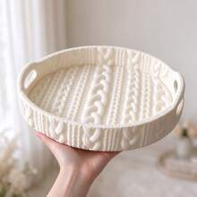 3D Printed Round Tray With Handle, Faux Knit Texture, Cream Style Desktop Aromatherapy Jewelry Storage Dish, INS Style Vanity Entryway Organizer, Home Decor Decorative Ornament - White - View 4